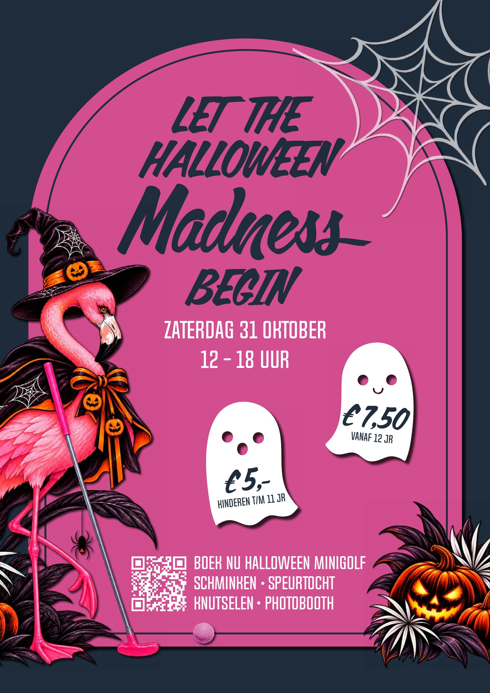 Halloween Madness bij Dekker Zoetermeer op zaterdag 31 oktober, met Halloween minigolf, schminken, speurtocht, knutselen en een photobooth voor kinderen.
