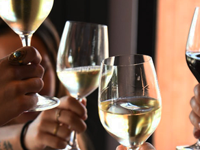 Gezelschap proost met glazen rode en witte wijn tijdens een gezellige borrel bij Dekker Zoetermeer.